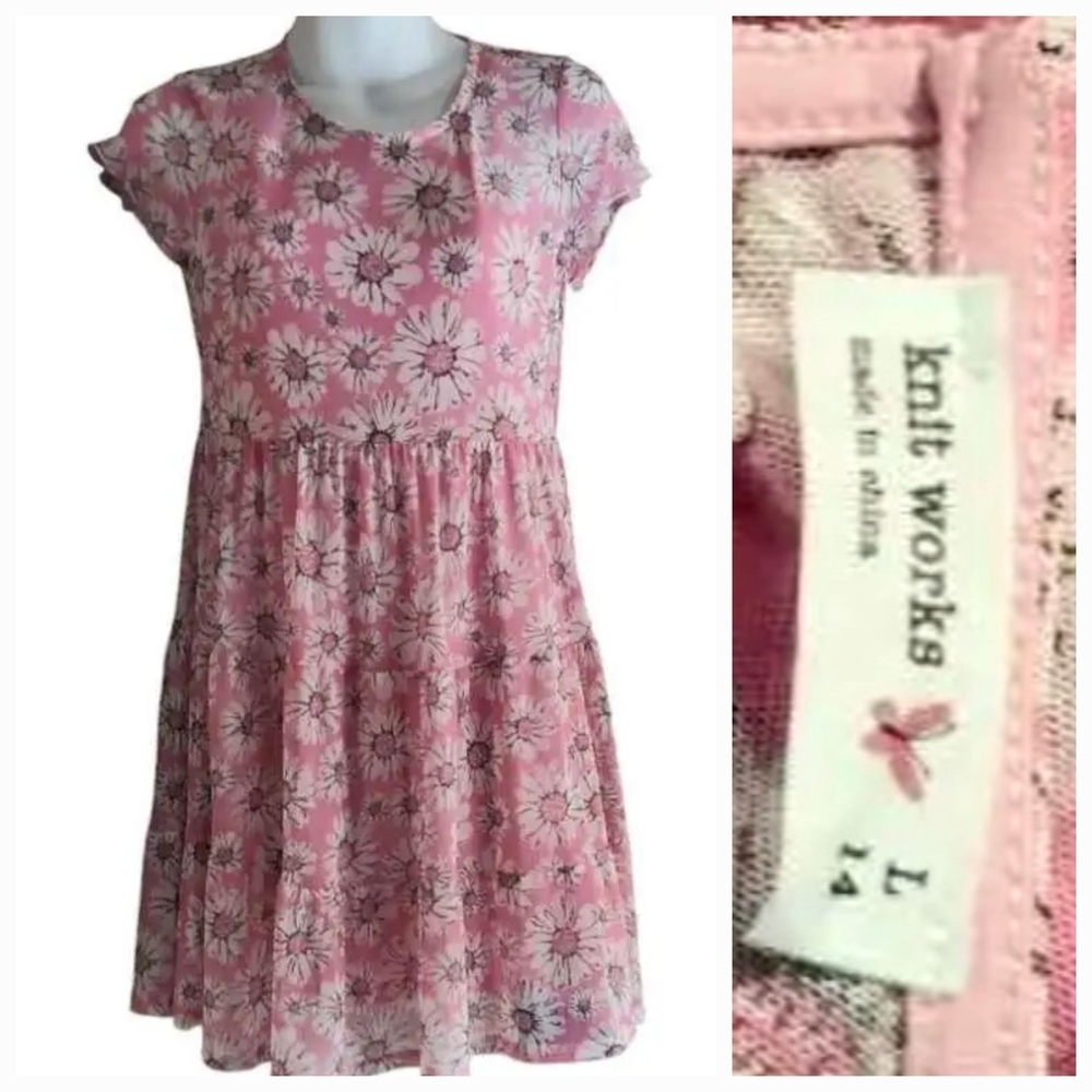 NWT Knitworks Pink With Daisies Smocked Dress with Cap Sleeves ~L 14